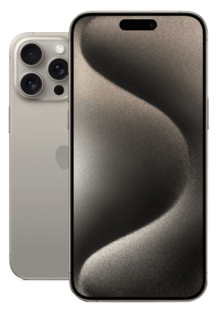Die Vorderseite des iPhone 15 Pro wird dargestellt. Dahinter sieht man versetzt die Rückseite.