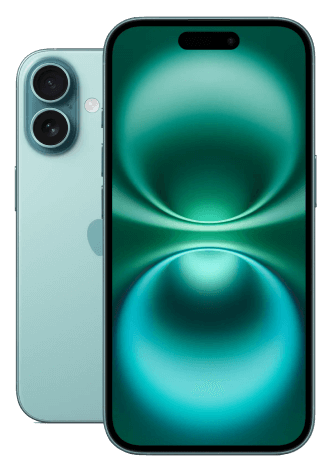 Die Vorder- und Rückseite eines Apple iPhone 16 wird gezeigt.