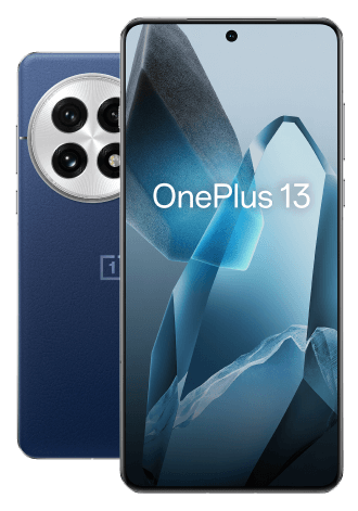 Darstellung des OnePlus 13 Smartphones in blauer Farbe. Im Vordergrund ist die Vorderseite mit einem nahezu randlosen Display und mittig platzierter Frontkamera zu sehen. Der Bildschirm zeigt ein abstraktes Eisberg-Motiv mit dem Schriftzug "OnePlus 13". Im Hintergrund ist die Rückseite des Geräts mit einem großen, runden Kameramodul mit vier Linsen und LED-Blitz sichtbar.