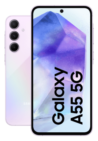 Samsung Galaxy A55 in Front und Rückansicht mit leuchtenden Glyphen