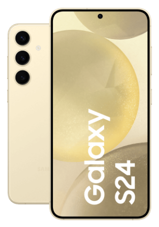 Die Vorderseite des Samsung Galaxy S24 wird gezeigt. Daneben sind Bewertungen von Chip und Computer Bild zu sehen die für das Gerät jeweils die Note 1,3 geben.