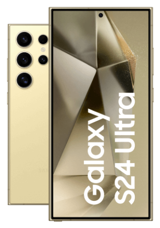 Die Vorderseite des Samsung Galaxy S24 Ultra wird gezeigt. Daneben sind Bewertungen von Chip und Computer Bild zu sehen die für das Gerät jeweils die Note 1,1 geben.