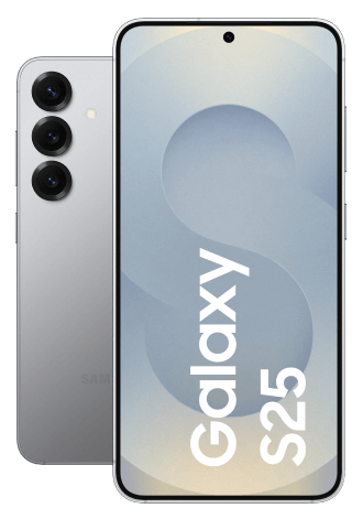 Zwei Ansichten des Samsung Galaxy S25 Smartphones. Links: Rückseite mit hervorgehobener Kameraanordnung und Samsung-Branding. Rechts: Vorderseite mit eingeschaltetem Display, das den Text 'Galaxy S25' anzeigt.