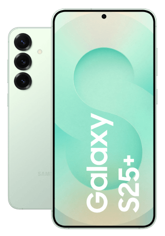 Zwei Ansichten des Samsung Galaxy S25+ Smartphones. Links: Rückseite mit hervorgehobener Kameraanordnung und Samsung-Branding. Rechts: Vorderseite mit eingeschaltetem Display, das den Text 'Galaxy S25+' anzeigt.