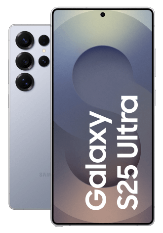 Zwei Ansichten des Samsung Galaxy S25 Ultra Smartphones. Links: Rückseite mit hervorgehobener Kameraanordnung. Rechts: Vorderseite mit eingeschaltetem Display, das den Text 'Galaxy S25 Ultra' anzeigt.