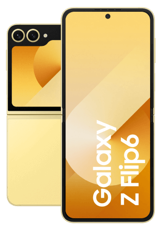 Ein aufgeklapptes Samsung Galaxy Z Flip 6 in gelb. Dahinter sieht man versetzt die Rückseite.