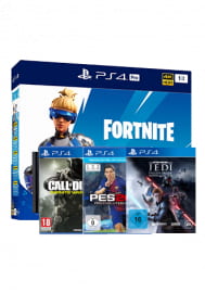 Sony PlayStation 4 Pro 1 TB Festplatte + Fortnite Paket + Star Wars Jedi: Falle Order + CoD Infinite Warfare + PES 2018 Sony PlayStation 4 Pro 1 TB Festplatte + Fortnite Paket + Star Wars Jedi: Falle Order + CoD Infinite Warfare + PES 2018