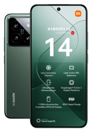 Die Vorderseite des Xiaomi 14 wird gezeigt. Auf dem Display ist der Home Bildschirm zu sehen. Dahinter sieht man versetzt die Rückseite des Geräts.