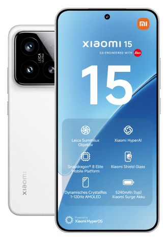 Zwei Ansichten des Xiaomi 15 Smartphones. Links: Rückseite mit hervorgehobener Kameraanordnung und Leica-Branding. Rechts: Vorderseite mit eingeschaltetem Display, das die Zahl '15' und wichtige Funktionen wie Leica Summicron-Objektiv, Xiaomi HyperAI, Snapdragon® 8 Elite Mobile Plattform und Xiaomi HyperOS anzeigt.