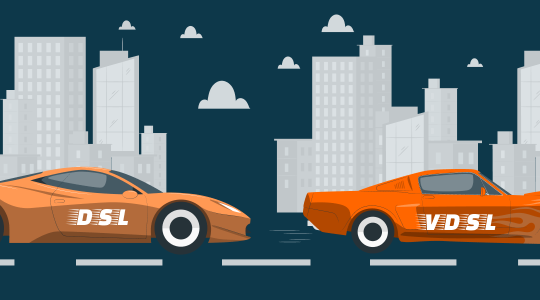 Zwei Sportwagen fahren durch die Stadt. Auf dem ersten Auto steht VDSL. Sein Vorsprung symbolisiert die höhere Datenrate des DSL-Anschlusses mit Vectoring-Technologie.