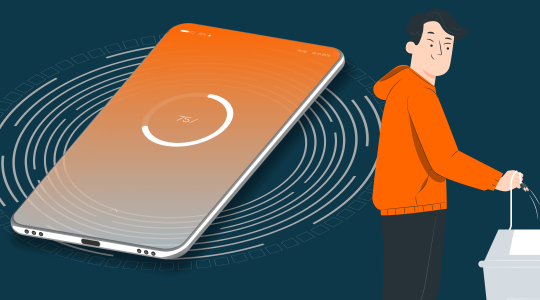 Ein Handy wird induktiv aufgeladen. Auf dem Display lässt sich der Ladefortschritt verfolgen. Ein Nutzer entsorgt am Bildrand symbolisch das Ladekabel.