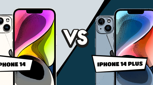 iPhone 14 vs. iPhone 14 Plus im Comic-Stil gegenübergestellt