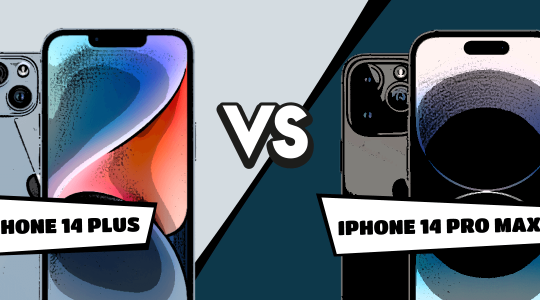 iPhone 14 Plus vs. iPhone 14 Pro Max im Comic-Stil gegenübergestellt
