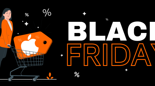 Ein Frau schiebt einen Einkaufswagen, in dem ein überdimensioniertes Preisschild mit Apple-Logo liegt. Neben ihr steht in großen Lettern Black Friday.