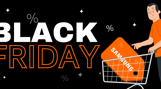 Ein Mann schiebt einen Einkaufswagen. Darin liegt ein Preisschild mit dem Schriftzug Samsung. In großen Lettern ist neben ihm Black Friday zu lesen.