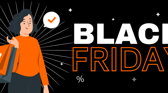 Ein Frau trägt mehrere Einkaufstüten, aus einer ragt eine übergroße SIM-Karte heraus. Neben ihr prangt ein großer Black-Friday-Schriftzug.