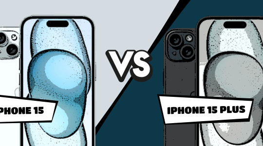 iPhone 15 vs. iPhone 15 Plus im Comic-Stil gegenübergestellt