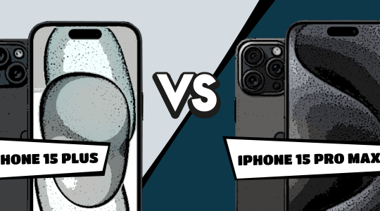 iPhone 15 Plus vs. iPhone 15 Pro Max im Comic-Stil gegenübergestellt