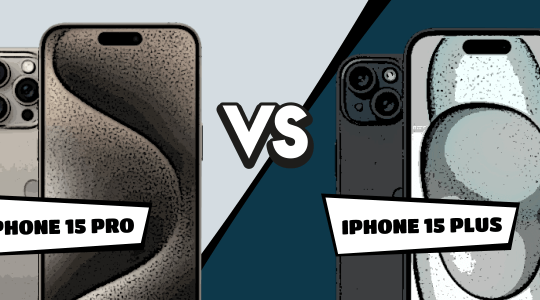 iPhone 15 Plus vs. iPhone 15 Pro im Comic-Stil gegenübergestellt