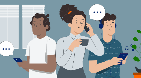 Drei Menschen nutzen ganz verschieden ihre im o2-Blau gefärbten Smartphones. Ein Mann schreibt Nachrichten. Eine Frau telefoniert. Ein weiterer Mann hört Musik.