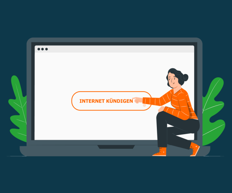 Eine Frau kniet vor einem überdimensionierten Computerbildschirm. Darauf prangt ein riesiger Button mit der Aufschrift Internet kündigen.