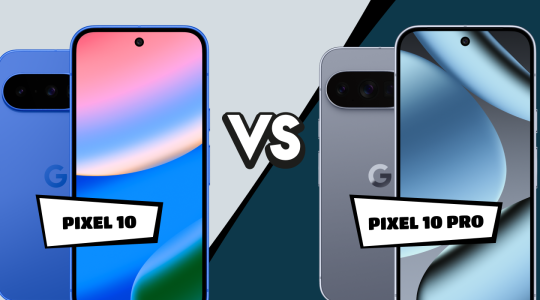 Vergleich zwischen Google Pixel 10 und Pixel 10 Pro: Links das blaue Pixel 10 mit buntem Display-Hintergrund, rechts das graue Pixel 10 Pro mit metallischem Display-Hintergrund, getrennt durch ein großes 'VS' in der Mitte. Beide Smartphones zeigen ihre charakteristischen Kamera-Module und das Google 'G'-Logo.