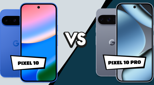 Vergleich zwischen Google Pixel 10 und Pixel 10 Pro: Links das blaue Pixel 10 mit buntem Display-Hintergrund, rechts das graue Pixel 10 Pro mit metallischem Display-Hintergrund, getrennt durch ein großes 'VS' in der Mitte. Beide Smartphones zeigen ihre charakteristischen Kamera-Module und das Google 'G'-Logo.