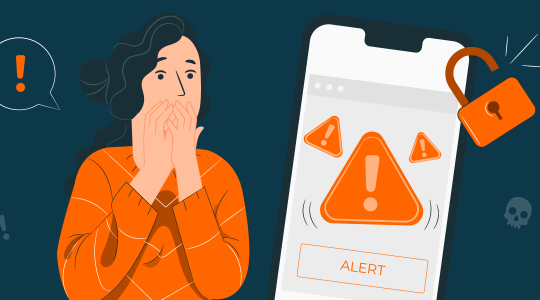 Eine Frau schaut erschrocken auf ein überdimensioniertes Smartphone-Display. Das Handy schlägt Alarm. Es ist gehackt worden.