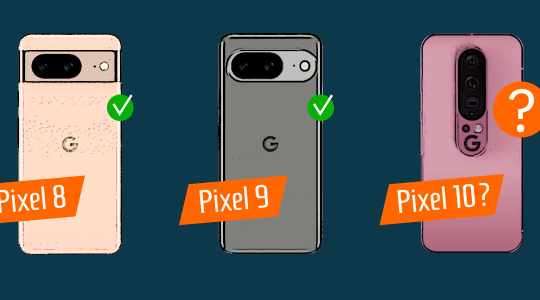Zu sehen sind die Rückseiten von drei Google-Handys. Neben dem Pixel 8 und dem Pixel 9 deutet das gezeigte Pixel 10 mit einem vertikalen Kamerabalken eine entscheidende Änderung des Designs an.