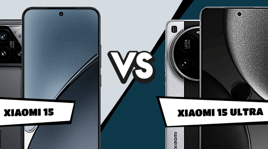 Vergleich zwischen dem Xiaomi 15 und dem Xiaomi 15 Ultra. Links ist das Xiaomi 15 mit einem eckigen Kamera-Modul zu sehen, rechts das Xiaomi 15 Ultra mit einem großen, runden Kamera-Modul. In der Mitte steht ein 'VS' als Symbol für den Vergleich.