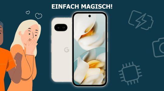 In der Mitte des Bildes ist das Google-Smartphone Pixel 9a in der Front- und Rückansicht zu sehen. Links schauen eine Frau und ein Mann begeistert auf das Telefon.