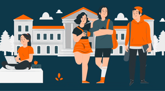 Illustration von vier Studierenden vor einem Universitätsgebäude. Eine Person sitzt auf einer Bank und arbeitet am Laptop, während drei andere stehen und sich unterhalten. Die Szene ist in warmen Farben gehalten und zeigt eine entspannte, akademische Atmosphäre.