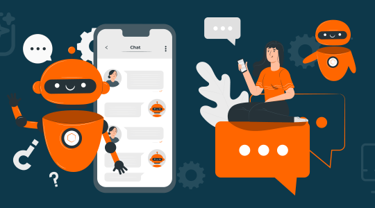 Zwei orangefarbene KI-Roboter interagieren mit Menschen über Chat-Oberflächen auf dem Handy