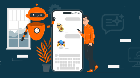 Eine Person steht neben einem großen Smartphone mit generierten Emojis von einem Pilz und einer Katze mit Hut. Daneben ein orangefarbener Roboter und eine Pflanze, im Hintergrund Berge und digitale Symbole.