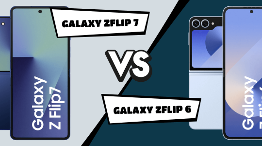 Vergleichsbild des Samsung Galaxy Z Flip7 und Galaxy Z Flip6. Links ist das Z Flip7 in Blau mit geöffnetem und zusammengeklapptem Display zu sehen, rechts das Z Flip6 in Hellblau, ebenfalls geöffnet und geschlossen. In der Mitte steht groß ‚VS‘, darüber und darunter Banner mit den Modellnamen