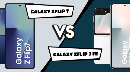 Vergleich des Samsung Galaxy Z Flip7 in Blau und des Galaxy Z Flip7 FE in Weiß, dargestellt mit Front- und Rückansicht der Smartphones, getrennt durch ein großes VS in der Bildmitte.