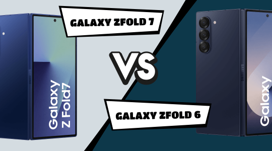 Vergleichsbild des Samsung Galaxy Z Fold7 und Galaxy Z Fold6. Links ist das Galaxy Z Fold7 in Blau mit geöffnetem Frontdisplay und Rückseite mit Dreifachkamera zu sehen. Rechts daneben steht das Galaxy Z Fold6, ebenfalls in Blau, ebenfalls mit geöffnetem Frontdisplay und sichtbarer Dreifachkamera. Dazwischen ein großes ‚VS‘-Symbol sowie Textbalken mit den Modellnamen.
