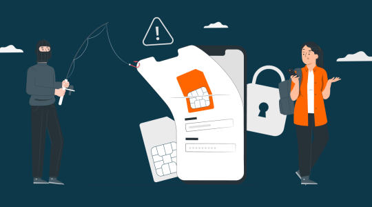 Smartphone im Zentrum, links dacon angelt sich eine schwarz gekleidete und maskierte Person die SIM-Karte des Smartphones.