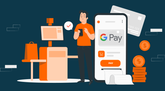 Im Zentrum steht Person mit Handy in der Hand. Auf der linken Seite ein Selbst-Bezahl-Terminal. Auf der rechten Seite ein Smartphone mit Google Pay-Logo auf dem Display und eine Rechnung, die aus dem Display kommt.
