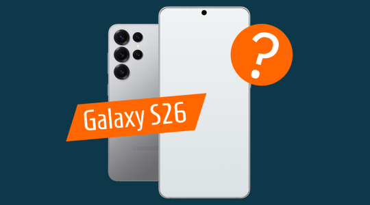 Mögliches Design des Samsung Galaxy S26 mit Fragezeichen.