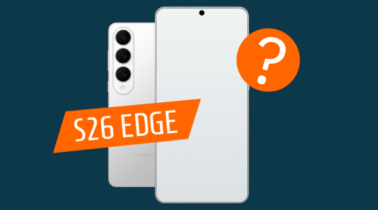 Mögliches Design des Samsung Galaxy S26 Edge mit Fragezeichen.