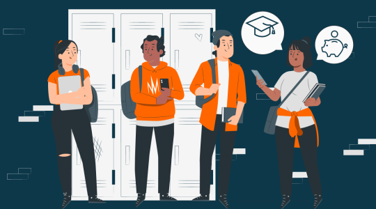 Vier junge Leute vor Spinden mit verschiedenen elektronischen Geräten.