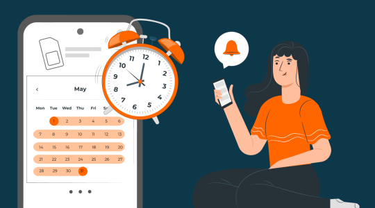 Illustration einer Frau mit Smartphone und Benachrichtigungssymbol neben einem Kalender und Wecker – symbolisch für flexible Handytarife ohne lange Vertragsbindung.