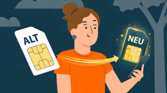 Person in einem orangefarbenen Shirt hält ein Smartphone in der rechten Hand. Direkt über dem Smartphone schwebt eine überdimensionale SIM-Karte mit der Aufschrift "Neu". Sie ist von einem Leuchteffekt umgeben. Ein Pfeil von einer zweiten SIM-Karte mit dem Aufdruck "Alt" deutet den Vertragswechsel an.