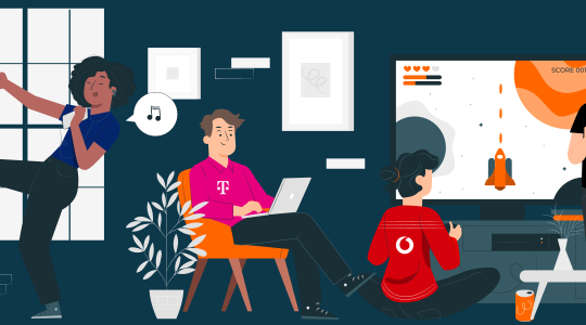 Illustration eines modernen Raums mit mehreren Personen in Freizeit- und Arbeitssituation. Links tanzt eine Person mit einem o2‑Logo auf der Kleidung neben einem großen Fenster. In der Mitte sitzt eine Person auf einem Stuhl und arbeitet an einem Laptop, die Kleidung zeigt ein Telekom‑Logo. Daneben sitzt eine weitere Person auf dem Boden mit einem Vodafone‑Logo und spielt ein Videospiel auf einem großen Bildschirm, auf dem eine startende Rakete und Spielstatistiken zu sehen sind. Rechts steht eine Person mit einem Tablet und trägt Kleidung mit dem congstar‑Logo. Der Raum ist mit Pflanzen, Bildern und hellen Möbeln dekoriert. Geben Sie Ihr Feedback zu BizChat ab.