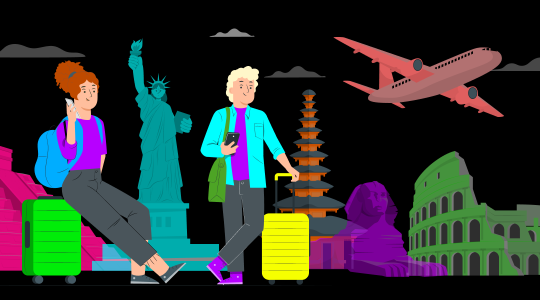 Zwei Reisende nutzen ihre Smartphones mit congstar Roaming im Ausland vor bekannten Sehenswürdigkeiten wie der Freiheitsstatue und dem Kolosseum.