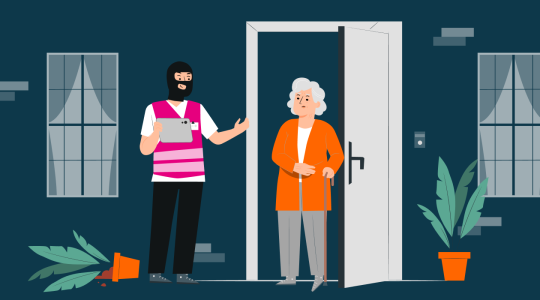 Telekom Betrugsmasche: Eine ältere Frau öffnet ihre Haustür, während ein vermeintlicher Telekom-Mitarbeiter mit Tablet und auffälliger Kleidung aufdringlich auftritt.