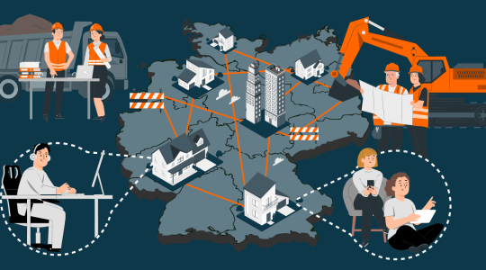 Eine stilisierte Deutschlandkarte zeigt Gebäude, die durch orange Linien vernetzt sind. Drumherum sind Bauarbeiter mit Fahrzeugen und Plänen sowie Endnutzer an Laptop, Smartphone und Tablet zu sehen, die durch gestrichelte Linien mit dem Netz verbunden sind.