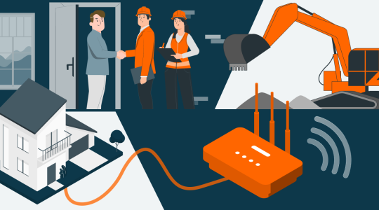 Illustration zum Glasfaser-Ablauf in drei Szenen: Techniker beim Hausbesuch, Bagger beim Tiefbau, Haus mit Glasfaserkabel am Router.