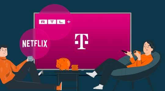 MagentaTV Smart inkl. Netflix: Zwei Personen entspannen im Wohnzimmer vor dem Fernseher mit Telekom-Oberfläche, während Netflix und RTL+ als integrierte Streaming-Dienste dargestellt sind.